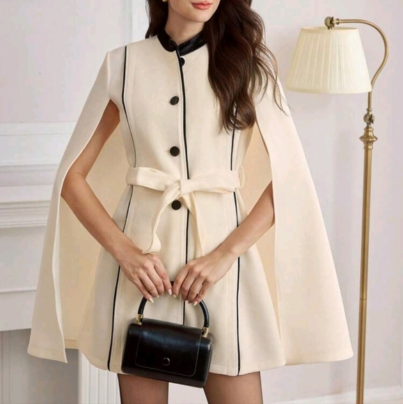 Vintage Elegant Women Woolen Coat Cape Cloak,Small Stand Collar,Velvet Patchwork - Picture 1 of 6